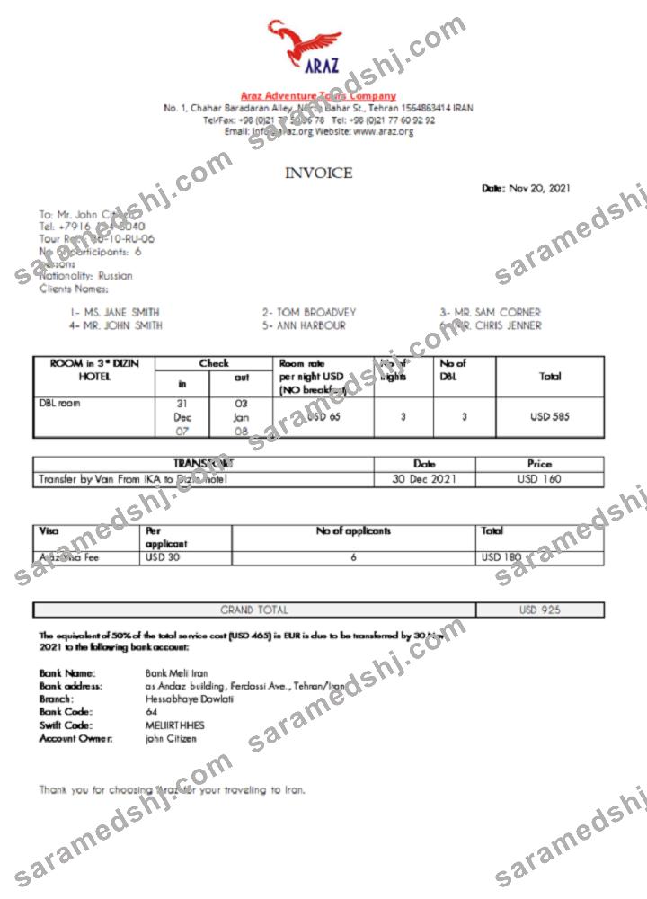 Iran Araz Tours Company invoice